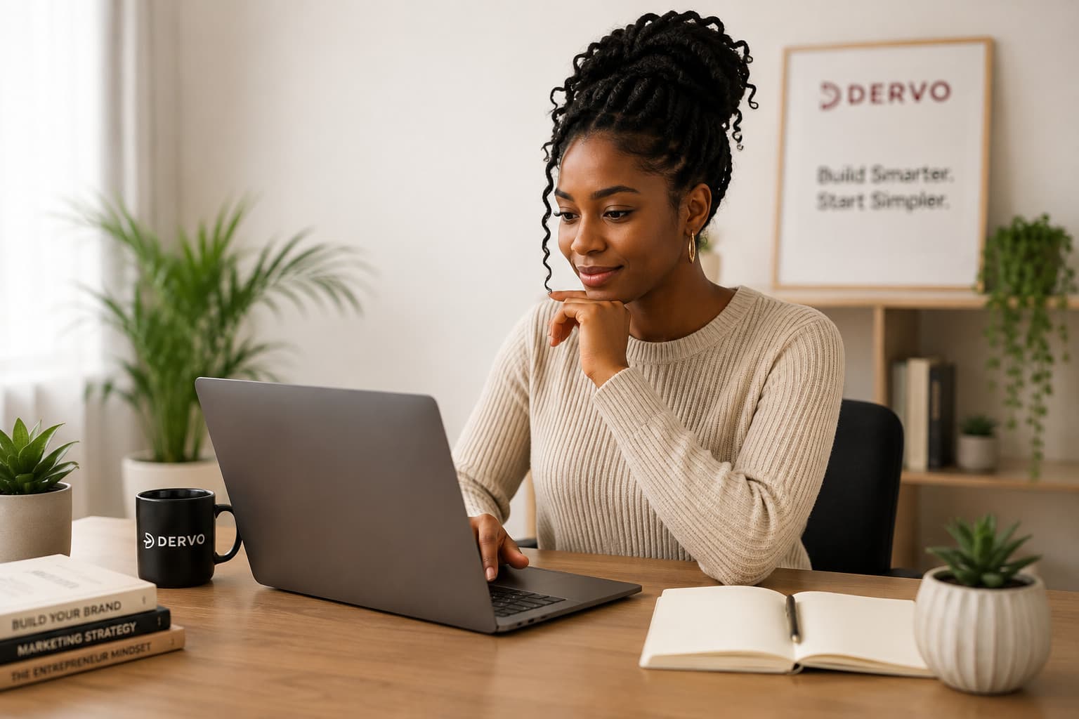 A founder working at her laptop in a bright home office, a framed Dervo print on the wall behind her
